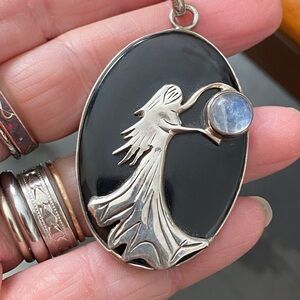 Lady Of The Night Luna Moon Goddess Onyx Sterling Silver Moonstone Pendant